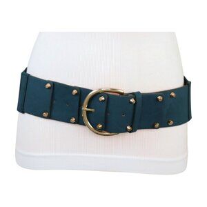 New Women Blue Faux Leather Elastic Fashion Belt Gold Metal Buckle Studs S M